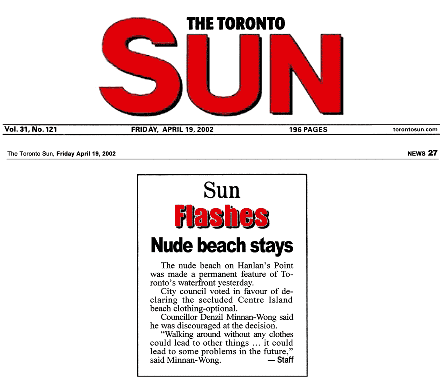 Toronto Sun 2002-04-19 - Toronto Council makes Hanlan's Point CO-zone permanent